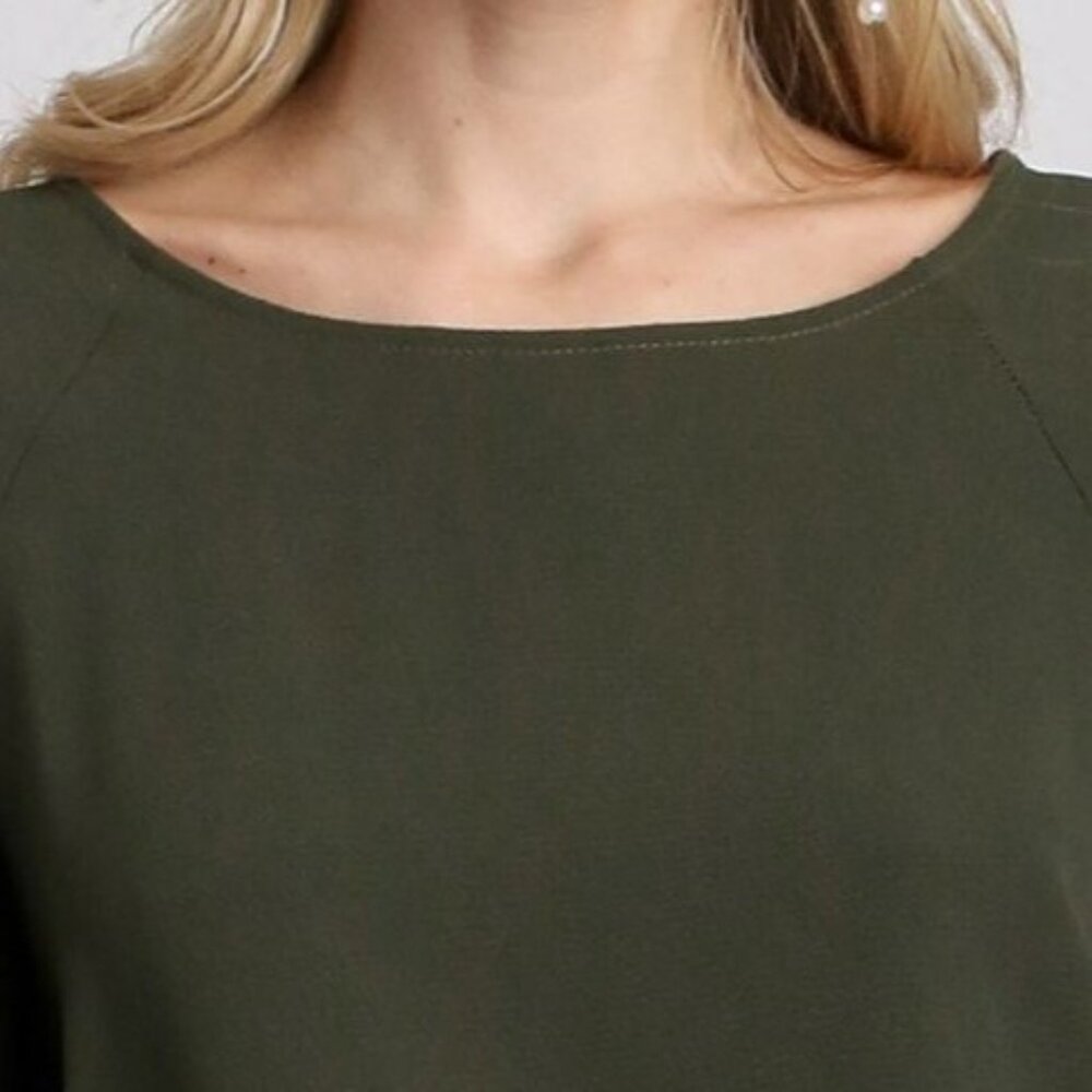 Layered Ruffle Sleeve Top / Blouse - Boxy Cut - Wide Round Neck - Olive Green - Picture 4 of 9